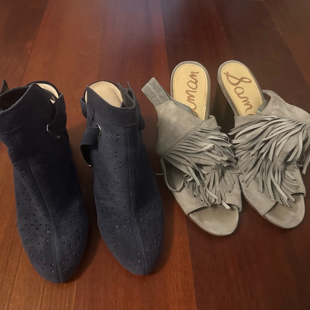 Real Leather Suede Shoes Gray Fringe and Navy Perforated Design Pair